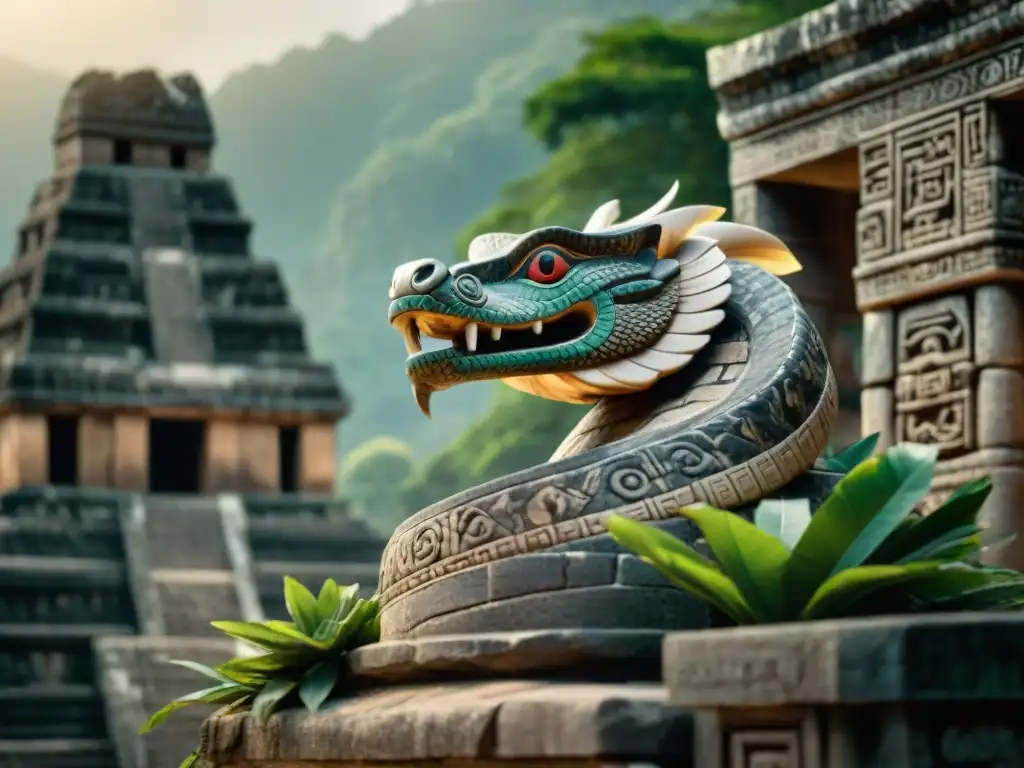 Imponente escultura de serpiente en panteón maya, detallada y misteriosa entre ruinas antiguas