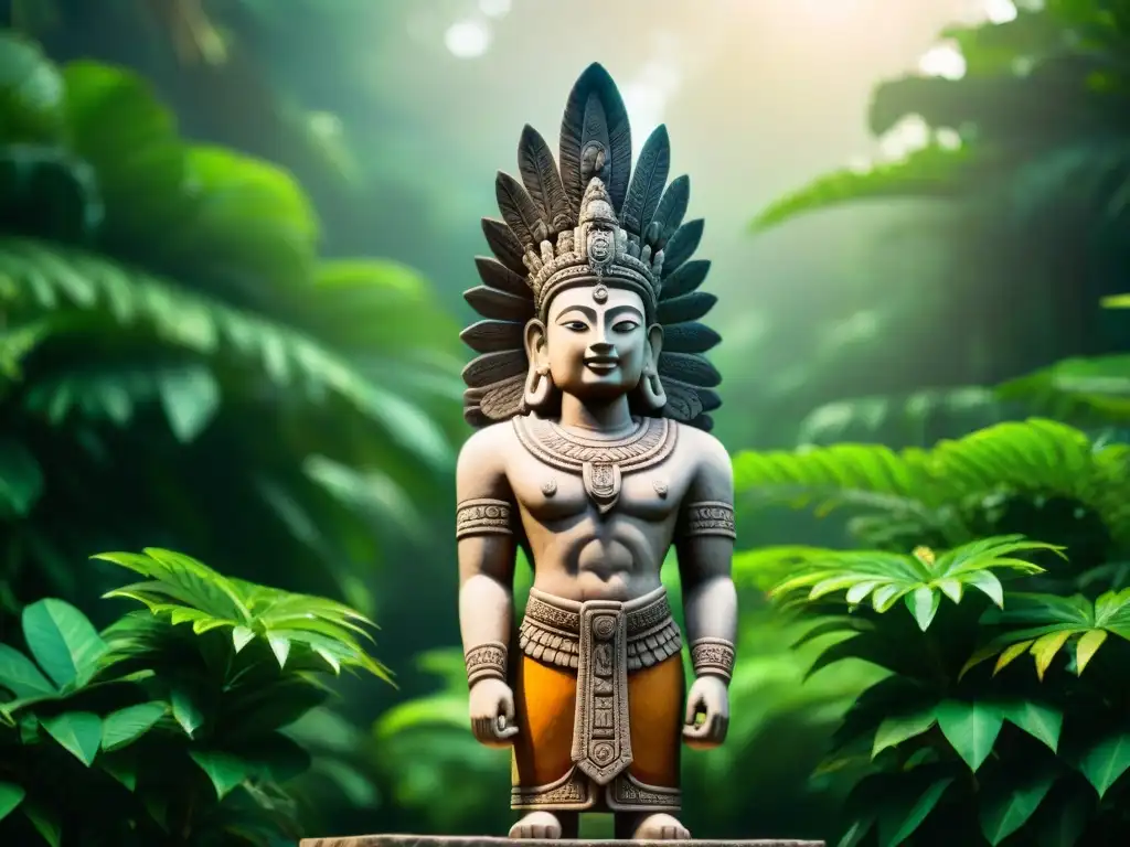 Imponente estatua de Ek Chuah, dios cacao Maya, entre exuberante jungla