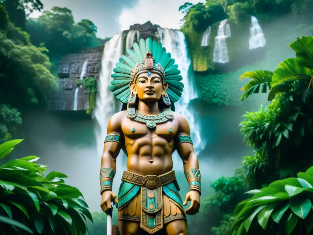 Imponente estatua de Chaac, dios maya de la lluvia, en exuberante selva tropical