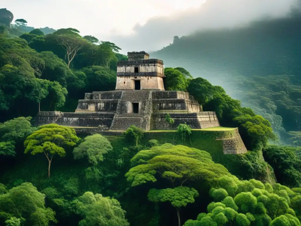 Imponente fortaleza maya en la selva: piedras antiguas, sombras y vegetación