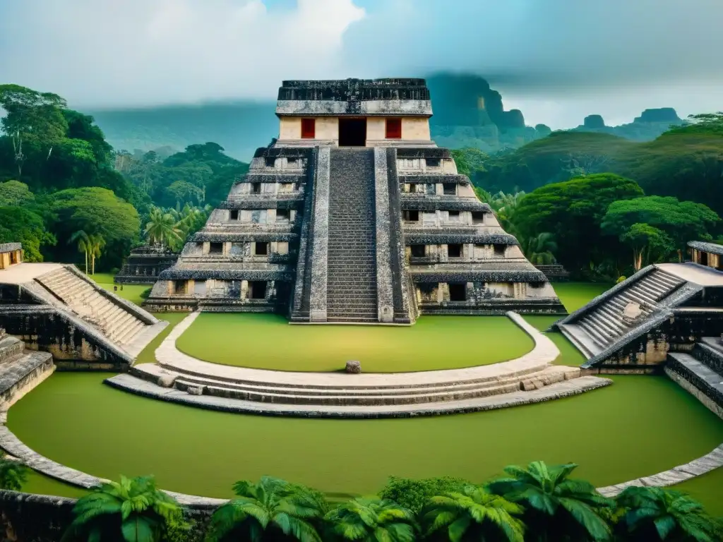 Imponente juego de pelota maya con detalles tallados en piedra y jeroglíficos, rodeado de vegetación exuberante