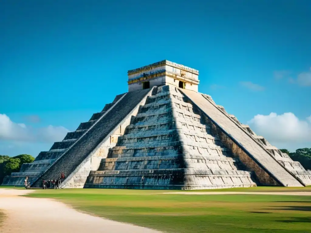 Imponente pirámide de El Castillo en Chichén Itzá, con detallados grabados de piedra y cielos azules