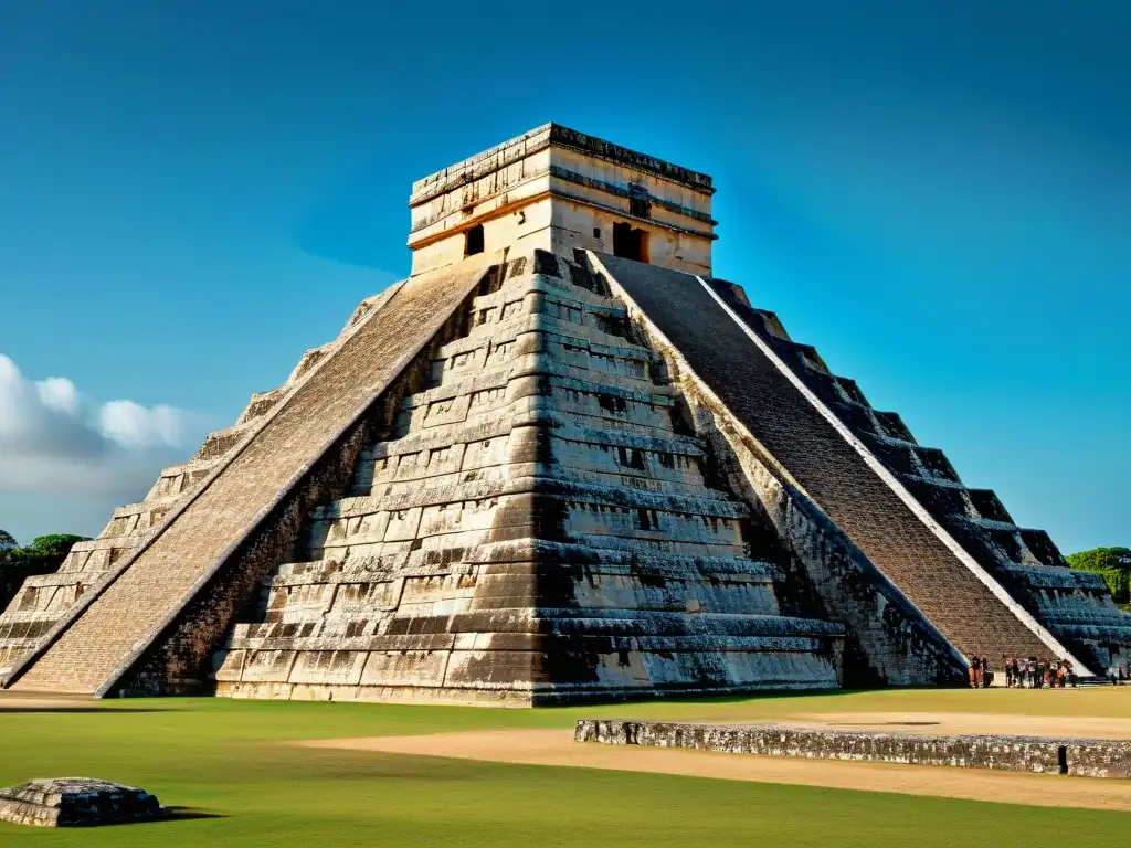 Imponente pirámide de El Castillo en Chichén Itzá, revelando secretos de la cultura maya bajo el cielo azul de la península de Yucatán