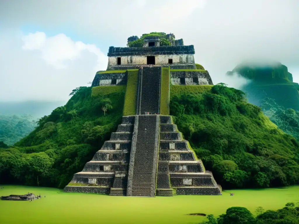 Imponente pirámide de El Castillo en Xunantunich, con tallados detallados y selva exuberante, muestra la grandeza de la civilización Maya en Belice