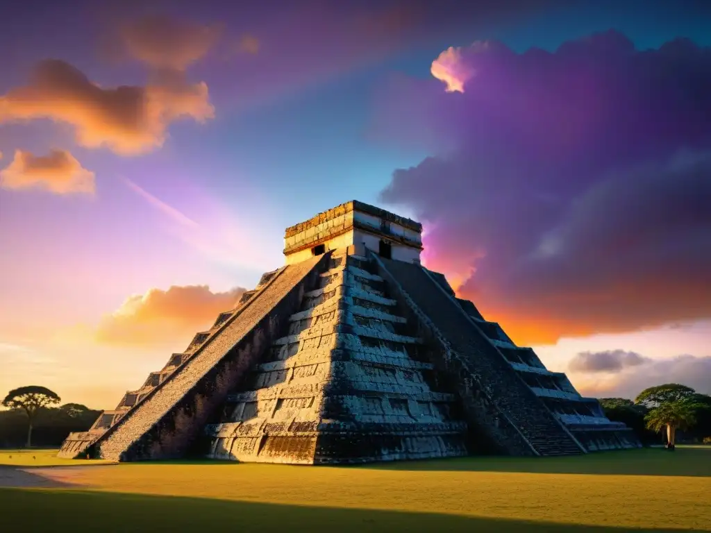 Imponente pirámide maya al atardecer, con luz dorada y sombras, evocando la dualidad en la cosmología maya