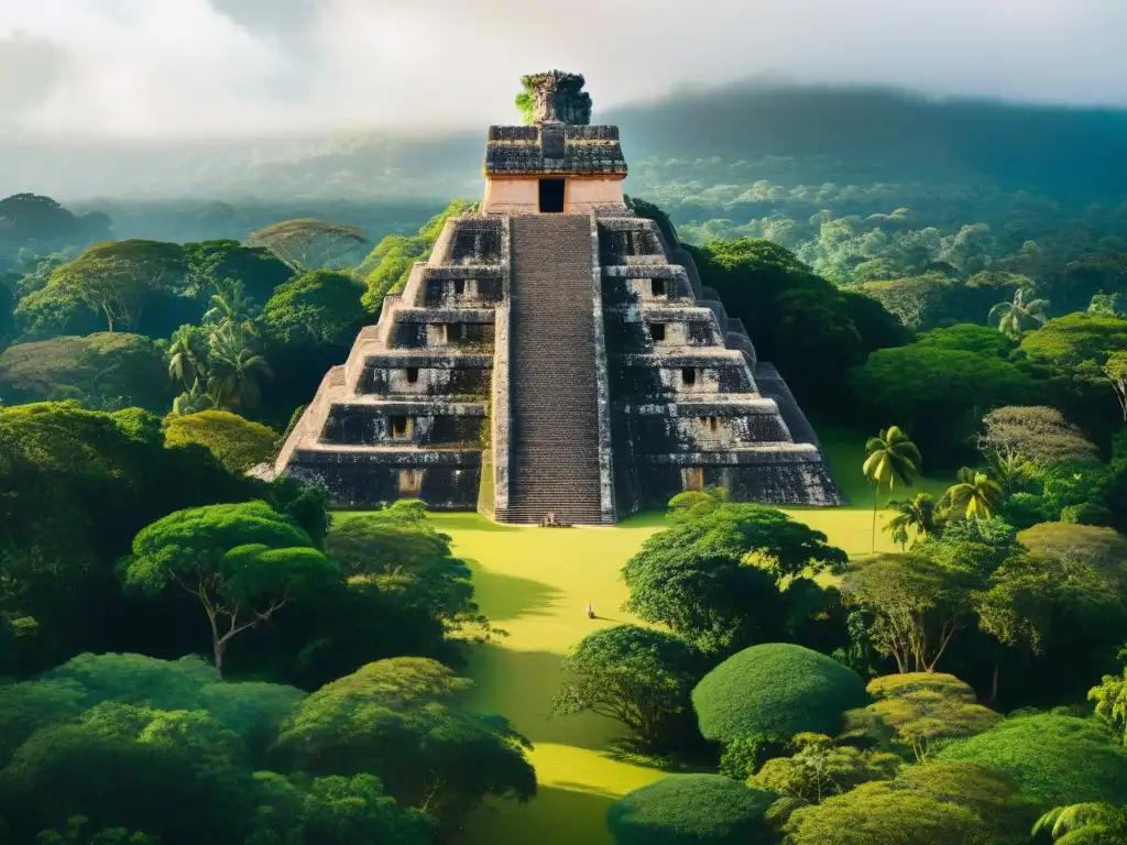 Imponente pirámide Maya en la selva con figuras clave cultura Maya