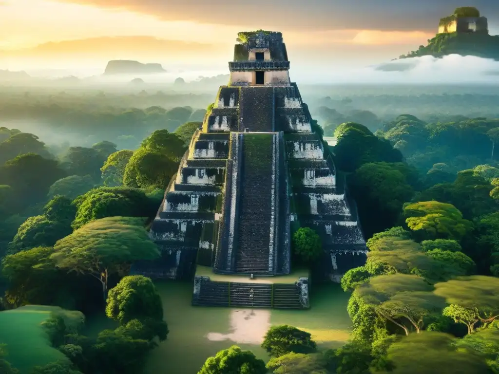 Imponente ruina de la ciudad maya de Tikal al atardecer, mostrando el enigma de ciudades mayas abandonadas descubrimientos