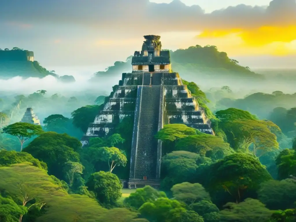 Imponente Templo I de Tikal al amanecer, destacando detalles artísticos mayas