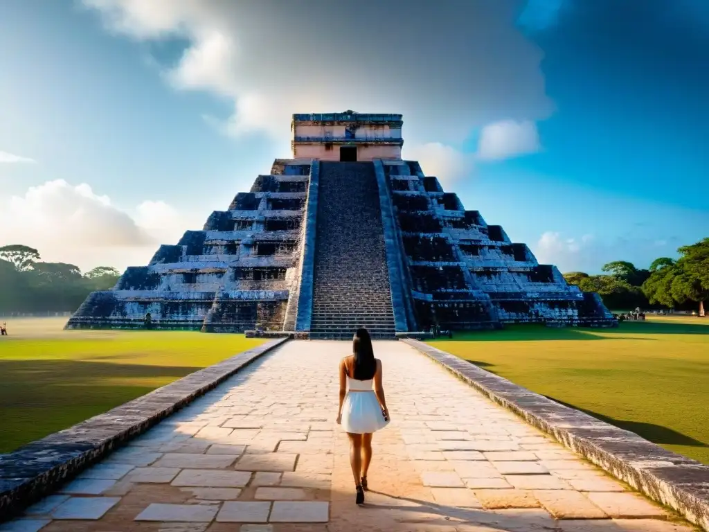 Imponente Templo de Kukulkán en Chichén Itzá durante el equinoccio, con turistas maravillados