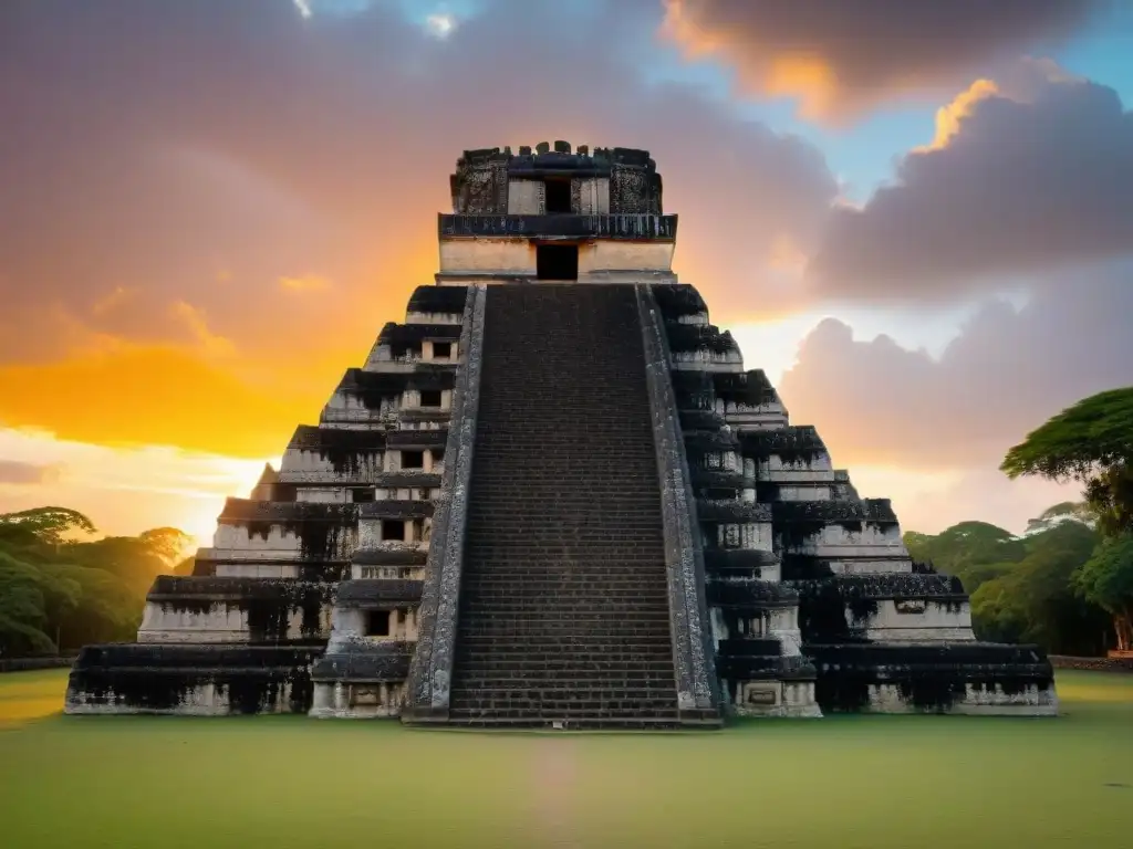 El imponente Templo del Jaguar en Lamanai, con grabados detallados, pirámides y un cielo al atardecer