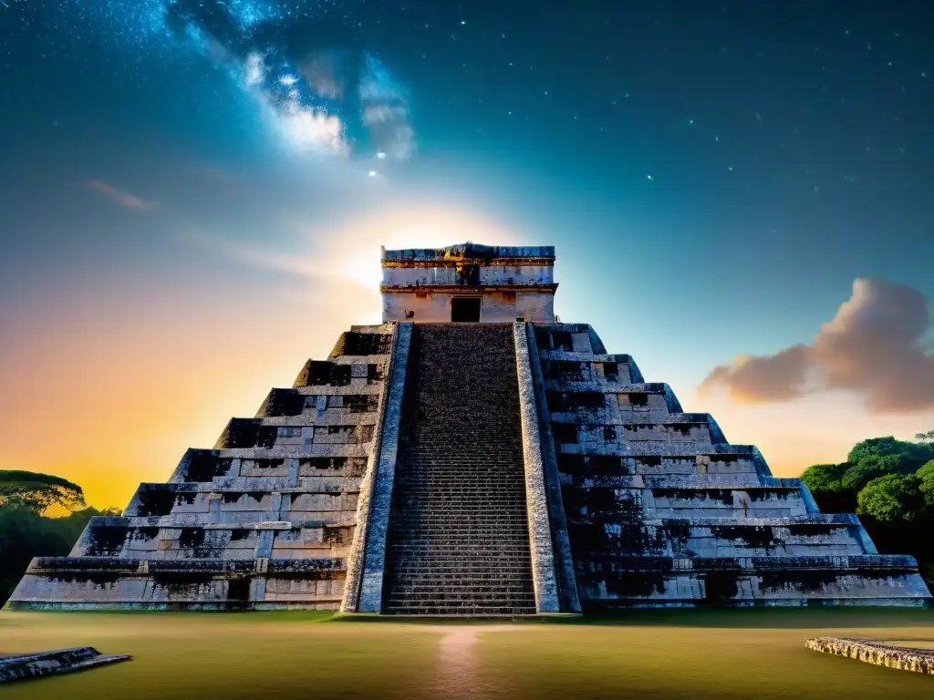 Imponente templo maya El Castillo en Chichén Itzá, con ceromonias astronómicas mayas calendario bajo el cielo estrellado