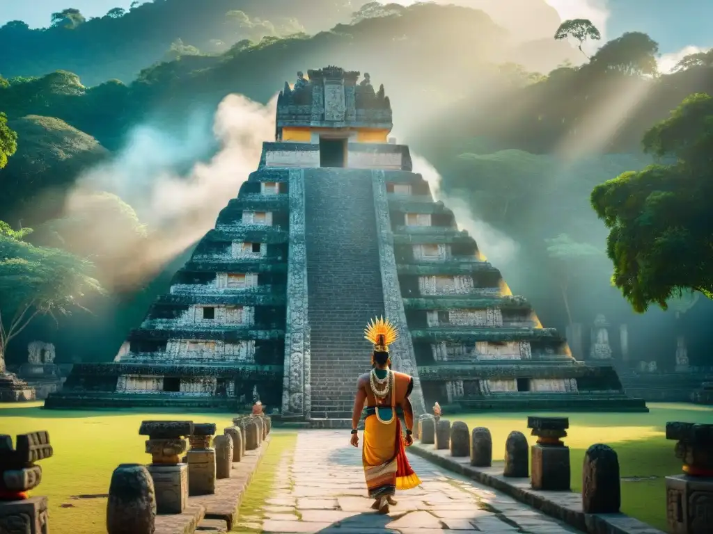 Imponente templo maya en ceremonia de coronación, rodeado de exuberante selva y cielo azul