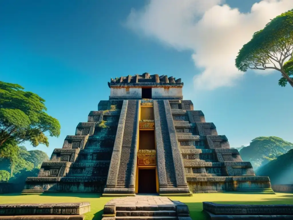 Imponente templo maya con detallados relieves del panteón divino de dioses mayas, en la selva vibrante bajo un cielo azul