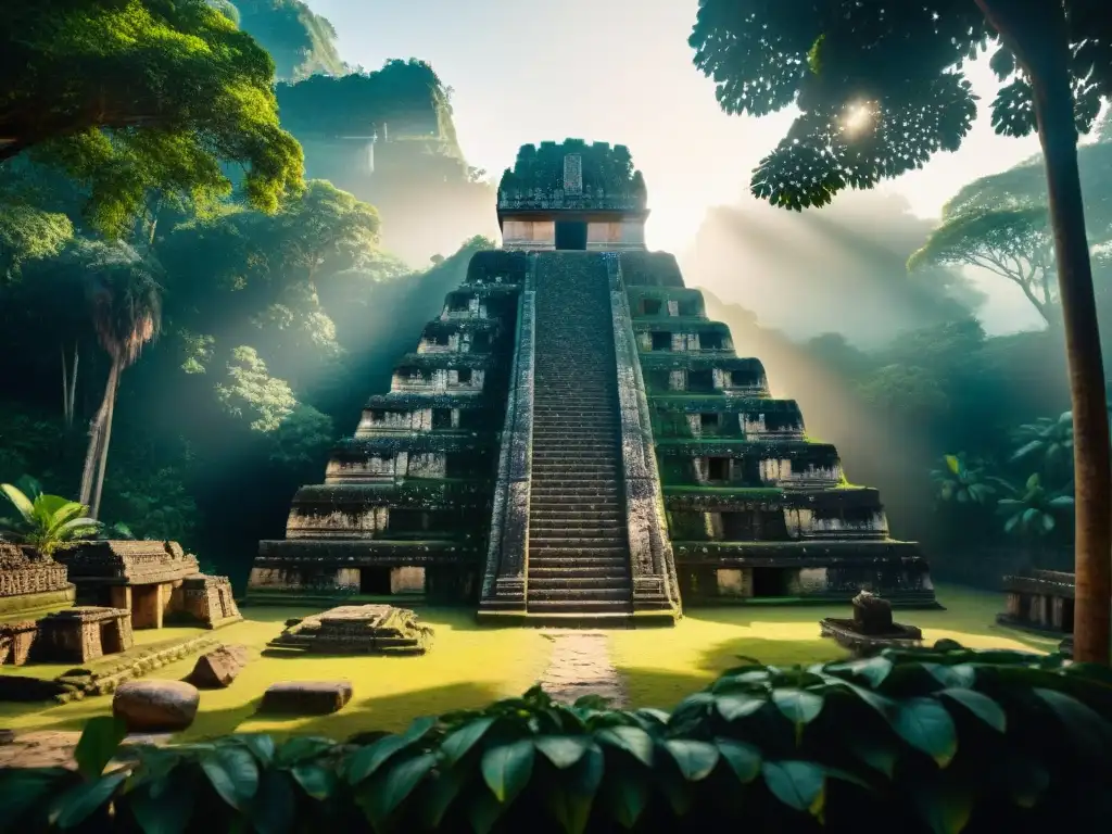 Imponente templo maya parcialmente excavado en la densa jungla, revelando intrincadas esculturas y glifos