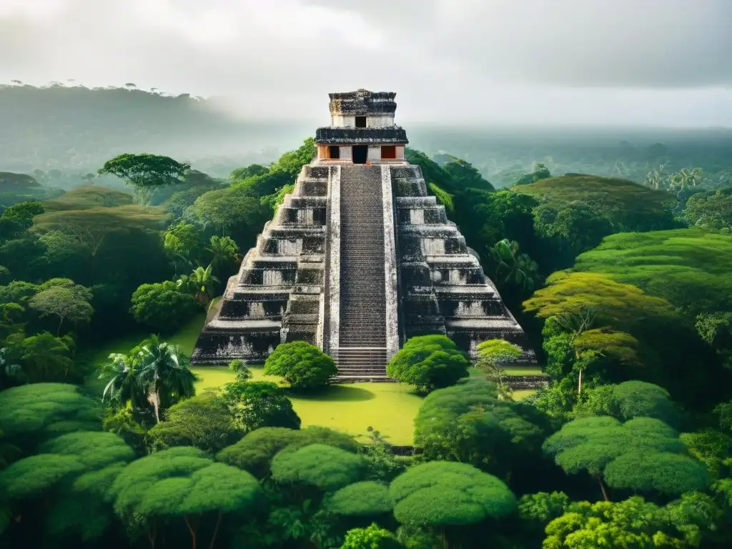 Imponente templo maya entre exuberante vegetación, simbolizando la ecología en la civilización maya