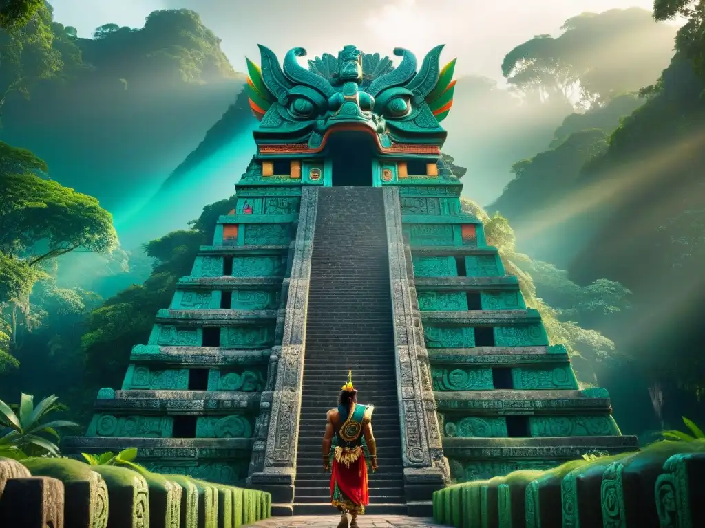 Imponente templo maya con Quetzalcóatl, serpiente emplumada, en la selva