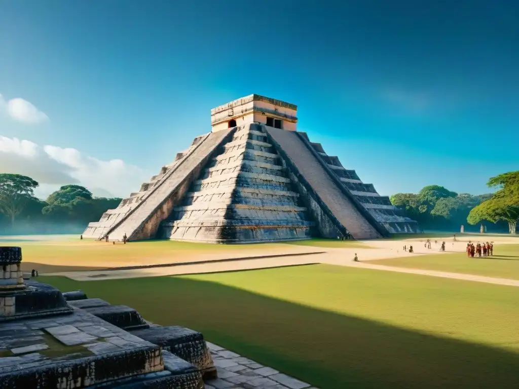 Un imponente templo maya en Chichen Itza, reconstruido en 3D, resalta entre la exuberante vegetación y cielos azules