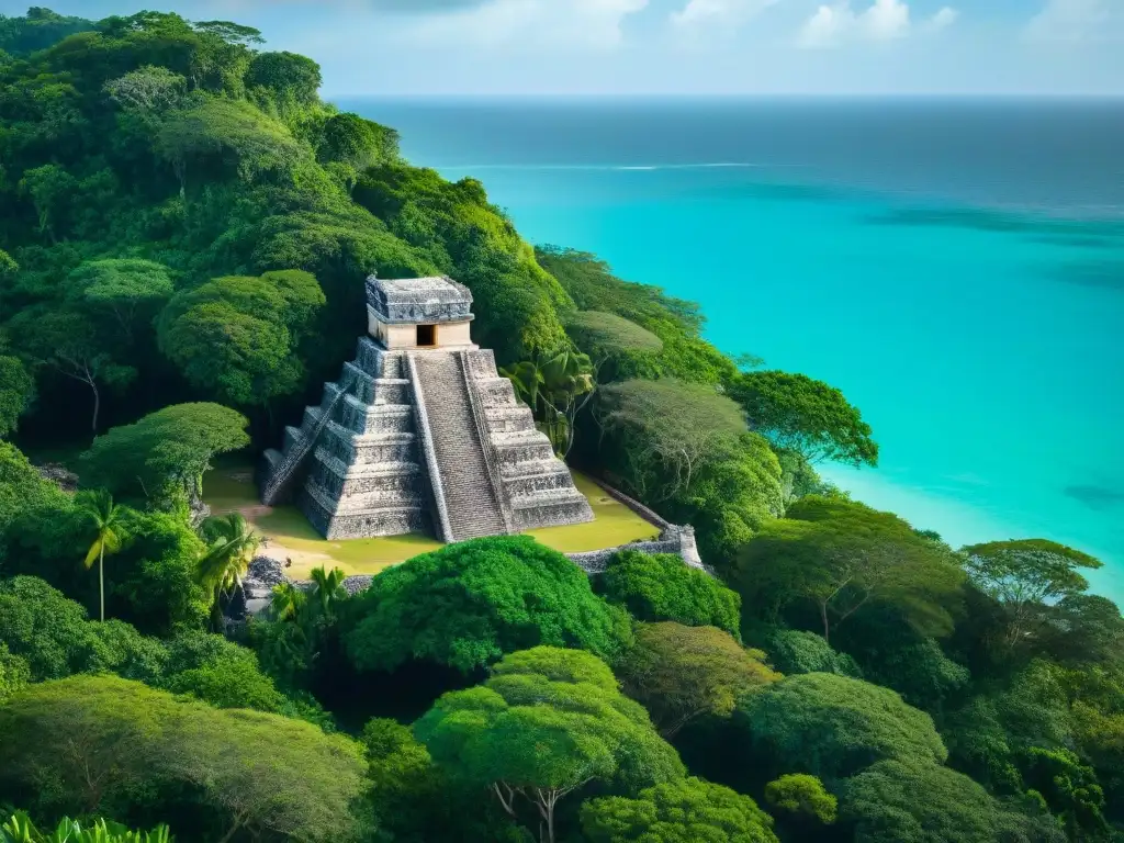 Imponente templo maya rodeado de selva tropical, con el mar Caribe de fondo, resaltando el impacto ambiental de la civilización maya