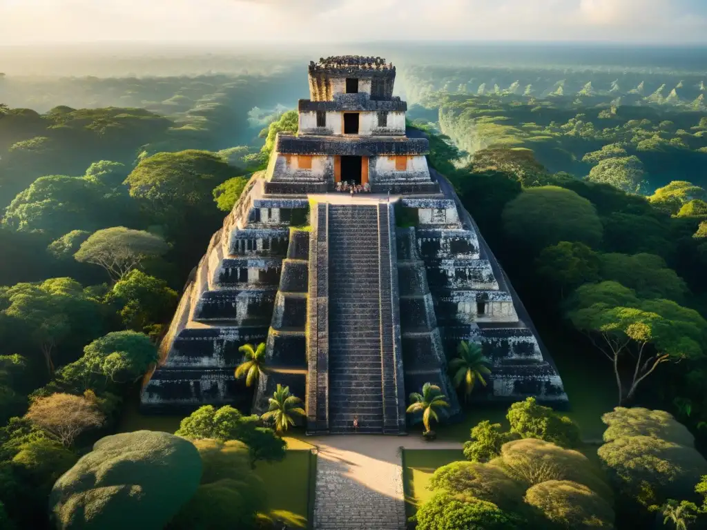 Imponente templo maya en la selva con jeroglíficos y esculturas de piedra