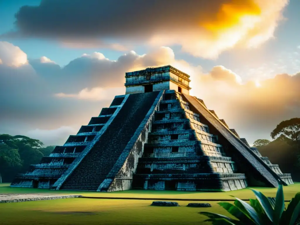 Imponente templo maya con Kukulkán y símbolos sagrados al atardecer