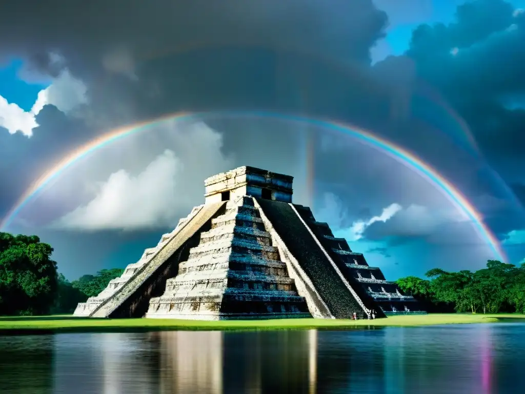 Imponente templo maya sumergido en agua, con nubes de tormenta y un arcoíris de esperanza