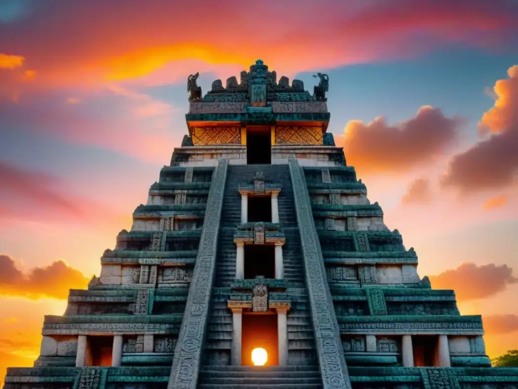 Imponentes esculturas de los cuatro Bacabs, dioses mayas que sostienen el cielo, en ruinas de templo al atardecer