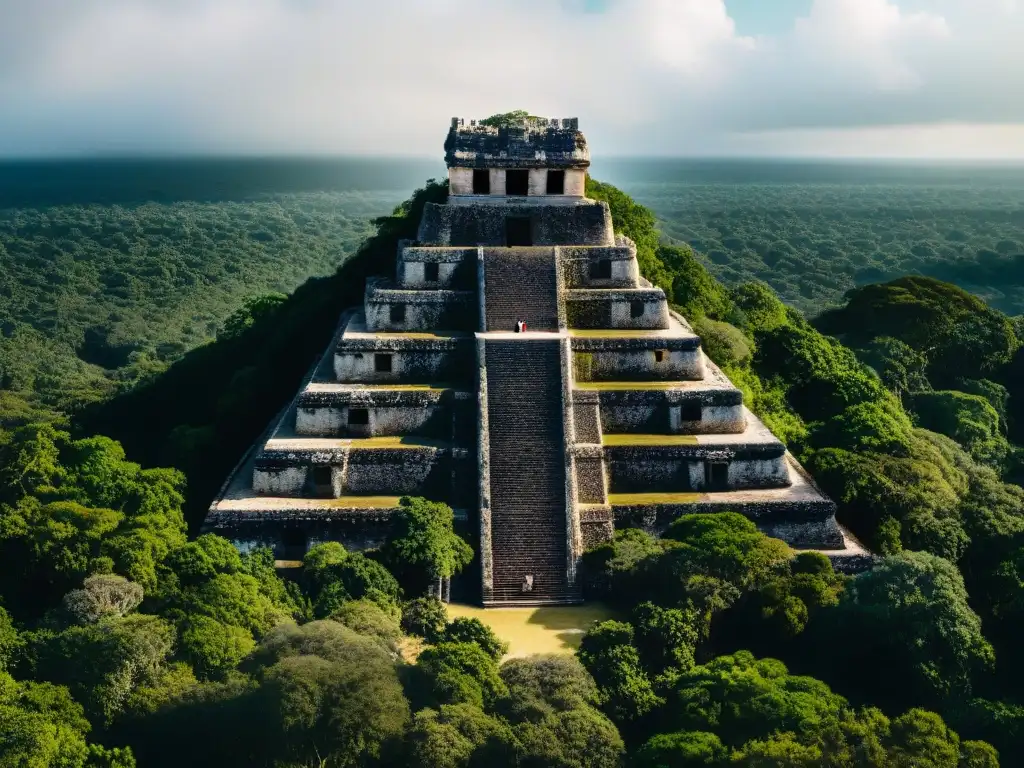 Imponentes ruinas de Calakmul rodeadas de exuberante vegetación, destacando detalles grabados en piedra