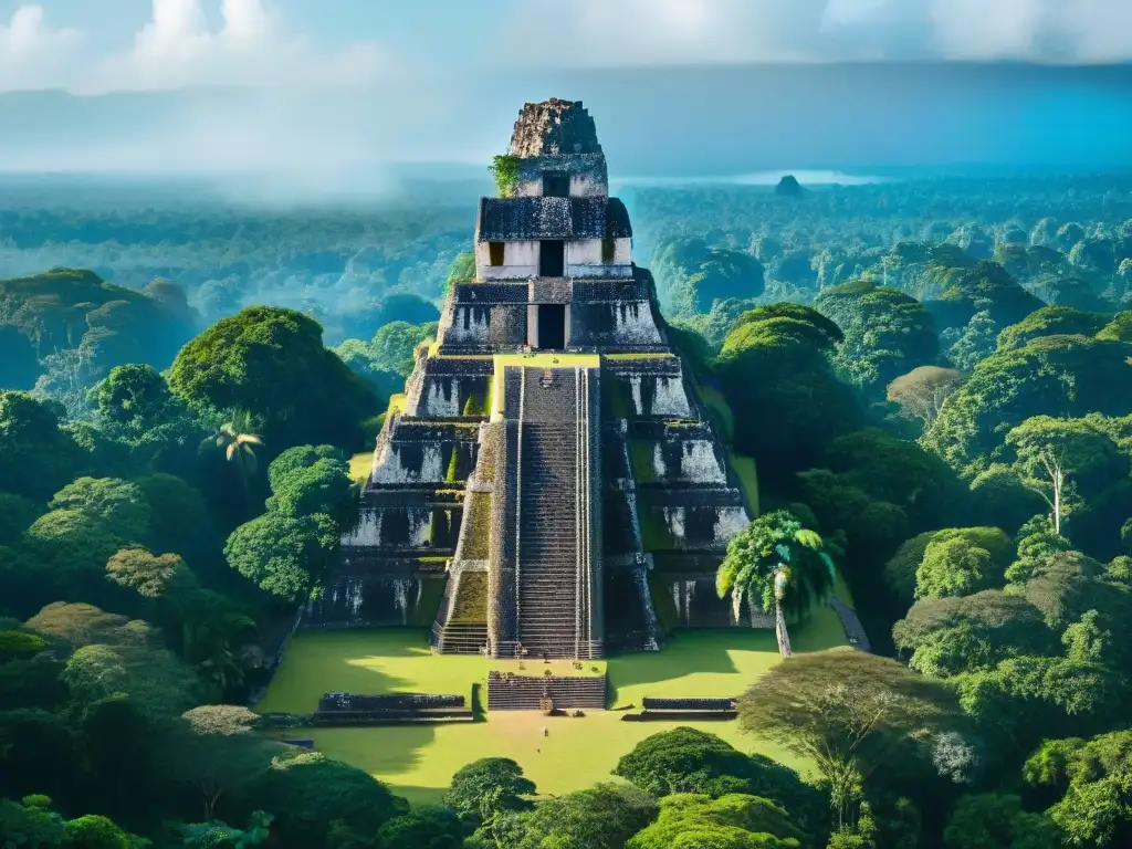 Imponentes ruinas mayas de Tikal con pirámides y selva, bajo cielo azul