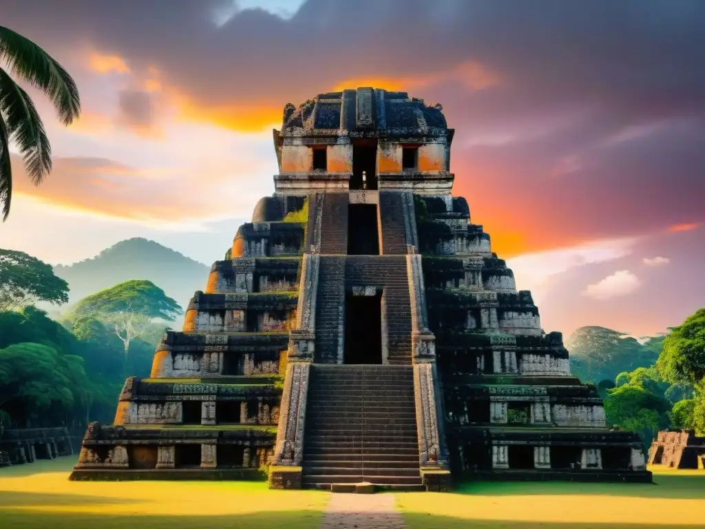 Imponentes ruinas del Templo del Jaguar en Lamanai, con grabados detallados y un poderío religioso evocador