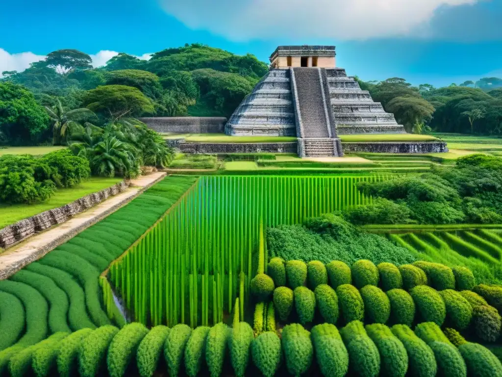 La importancia del agua en la civilización maya: detallada vista de campo agrícola maya rodeado de ruinas y cielo azul