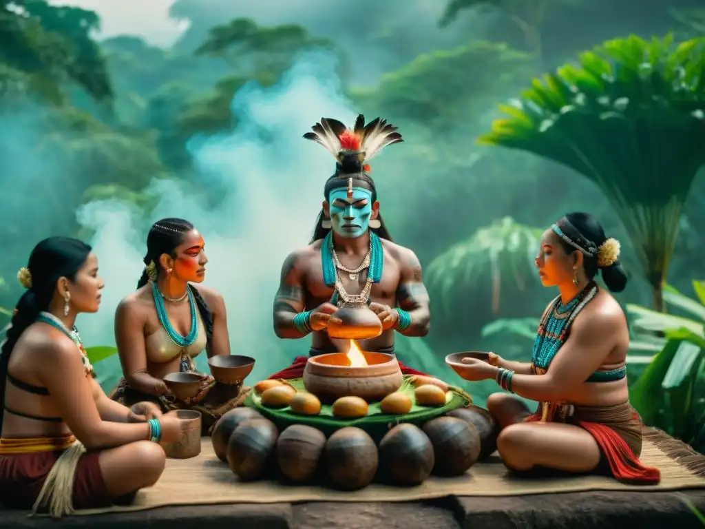 Importancia del cacao en mayas: Ceremonia sagrada de cacao en la selva con atuendos y pinturas faciales mayas, vasijas de cacao y ruinas antiguas