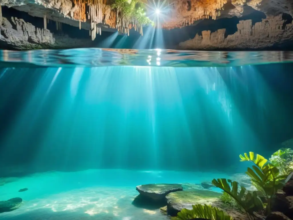 Explorando la importancia de cenotes en comercio maya: agua turquesa, estalactitas y estalagmitas en una cueva iluminada