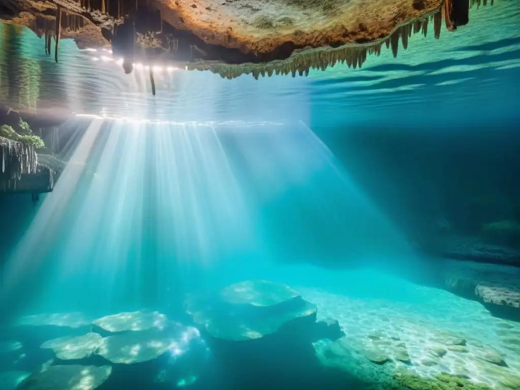 Descubre la importancia de los cenotes en los mitos de creación maya, reflejando la belleza mística de sus formaciones rocosas iluminadas