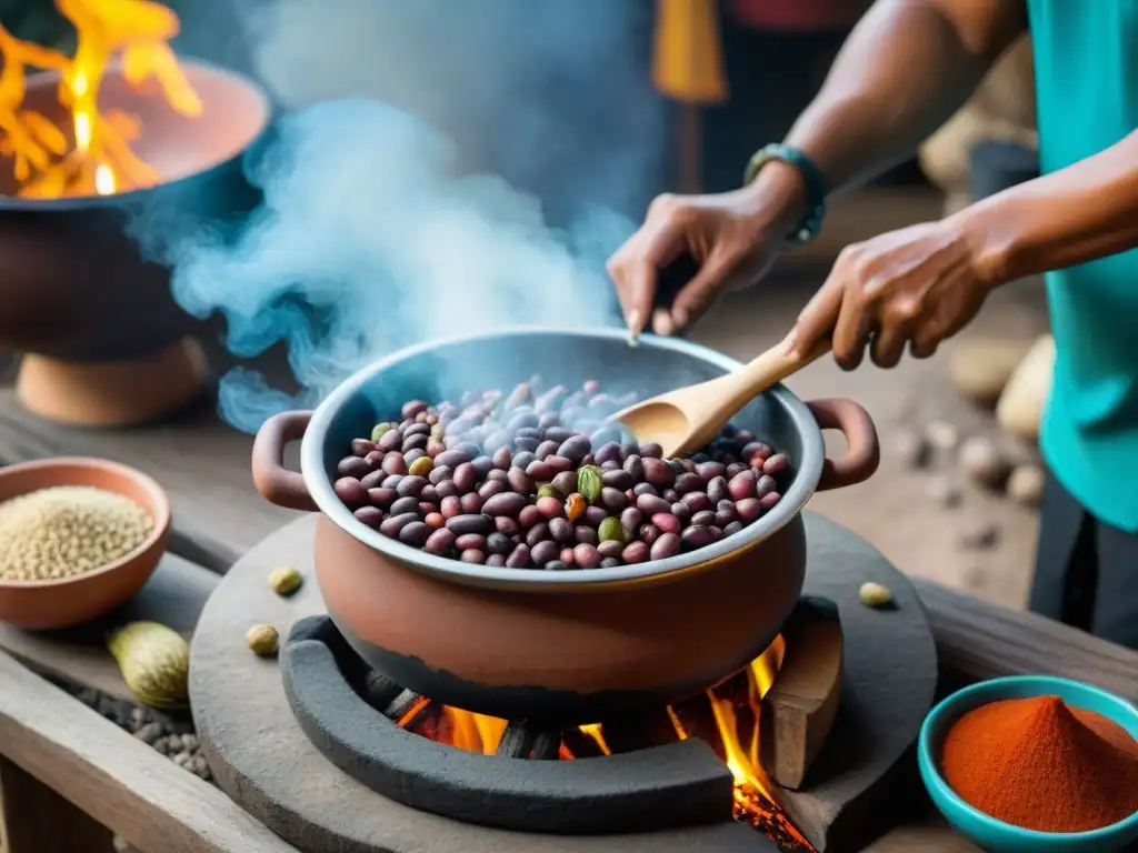 La importancia de los frijoles mayas: cocinero maya sazona y cocina frijoles coloridos en olla de barro sobre fuego abierto