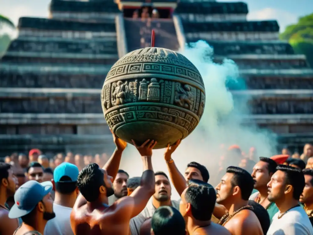 Importante juego de pelota maya, con jugadores en headdress y pintura corporal, rodeados de espectadores asombrados