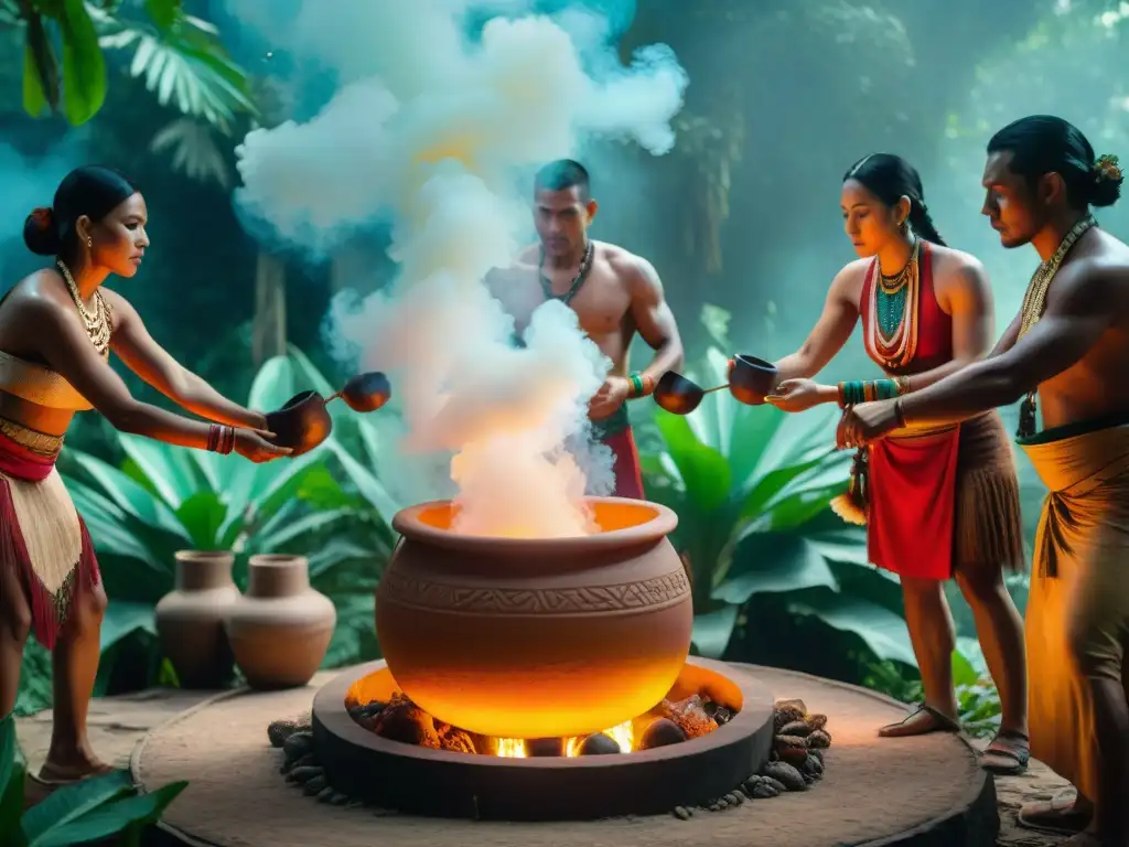 Importante ritual maya con chicha en la selva al atardecer, hombres y mujeres ataviados con trajes tradicionales