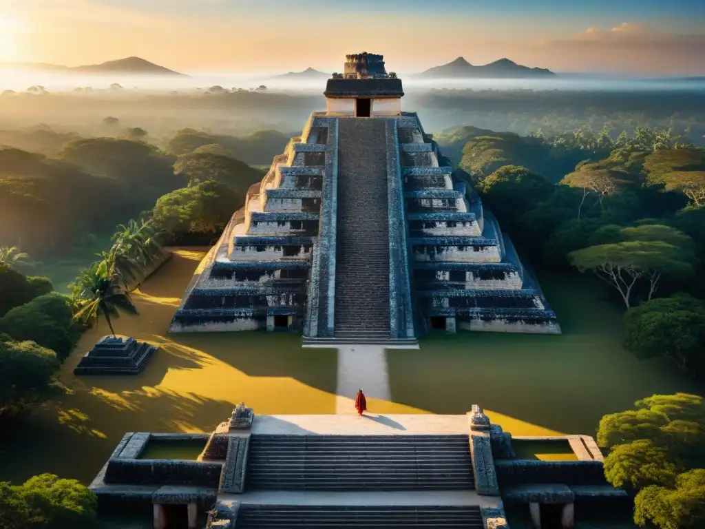 Impresionante alineación astronómica del sol sobre la pirámide central en una plaza ceremonial maya al amanecer