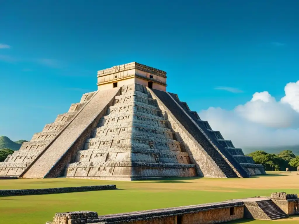 Impresionante Arquitectura y astronomía maya en Uxmal: detallada pirámide bajo cielo azul