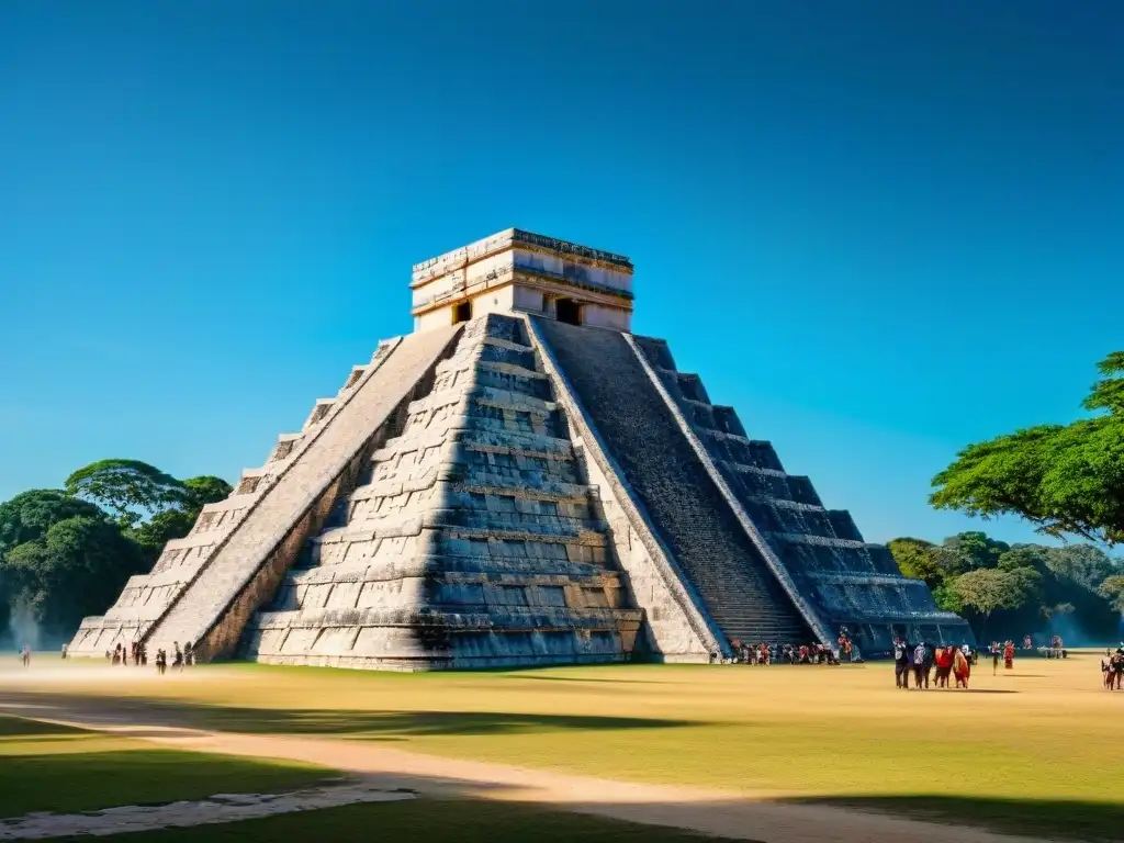 Impresionante arquitectura de la Civilización Maya en el Templo de Kukulkán en Chichén Itzá, rodeado de exuberante vegetación bajo un cielo azul claro