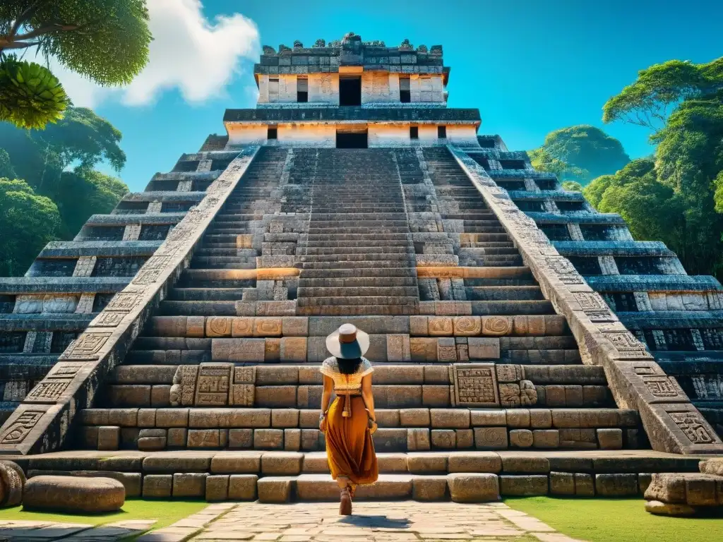 Impresionante complejo de templos mayas rodeado de exuberante vegetación bajo un cielo azul, destacando la influencia religiosa en la cultura maya