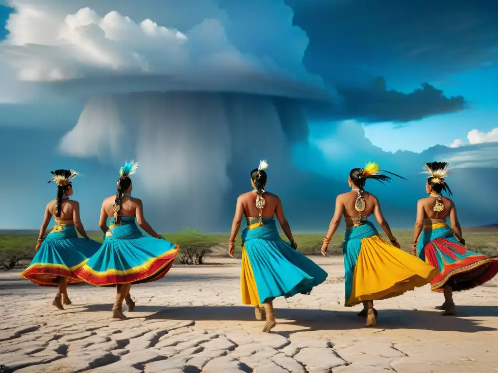 Impresionante danza de la lluvia maya en sequía, colores vibrantes y tierra árida se fusionan