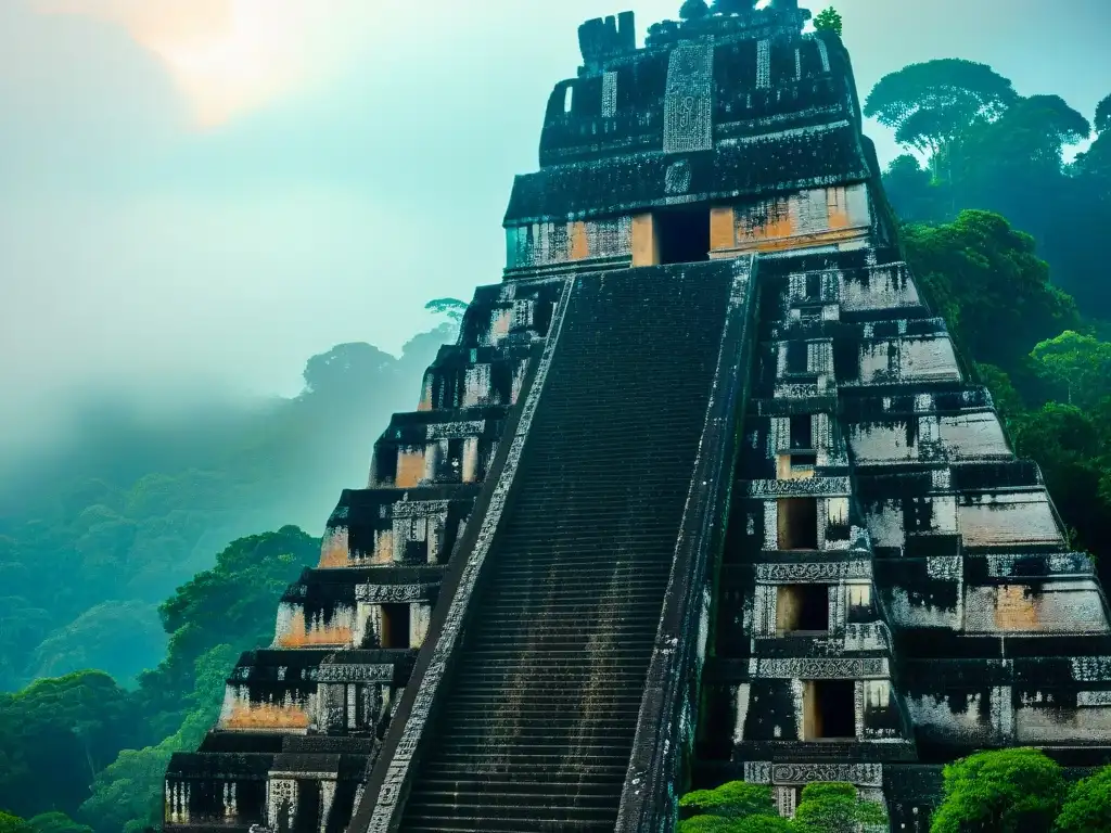 Impresionante detalle de las ruinas antiguas de Tikal, reflejando la grandiosidad y significado histórico del sitio