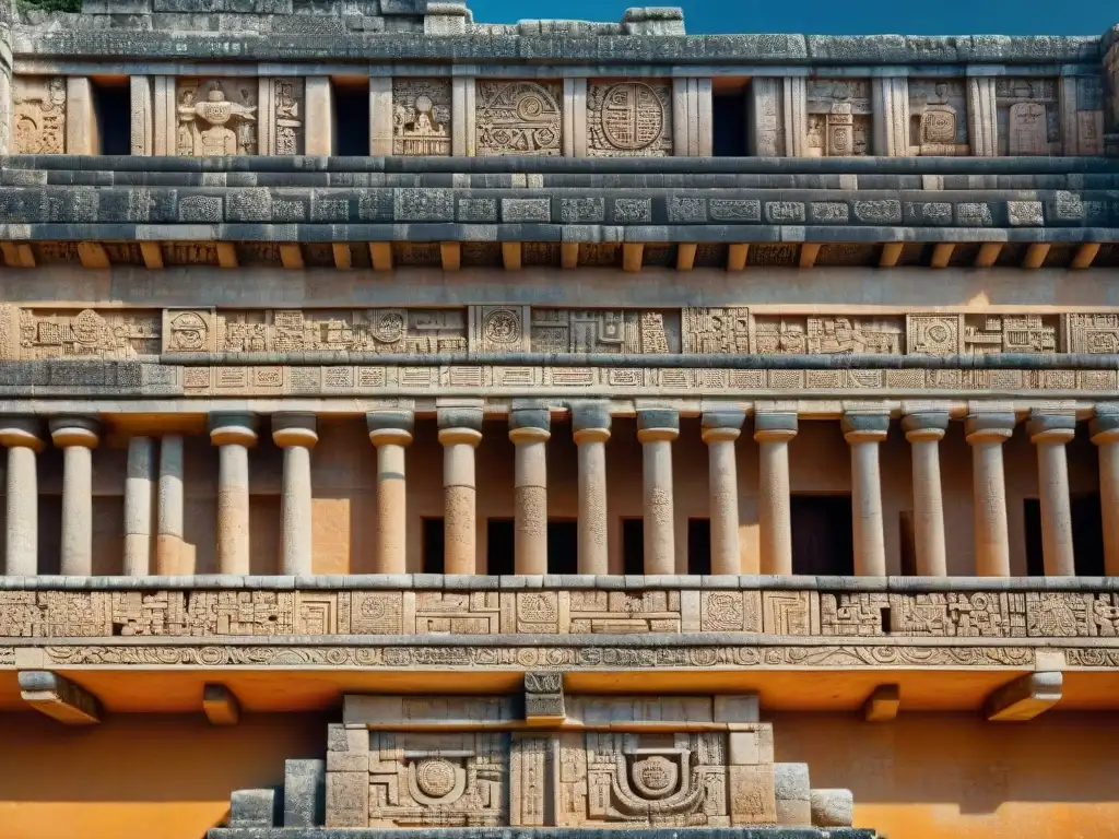 Impresionante detalle de las tallas y patrones en el Palacio del Gobernador en Uxmal, reflejando la herencia cultural maya turismo educativo