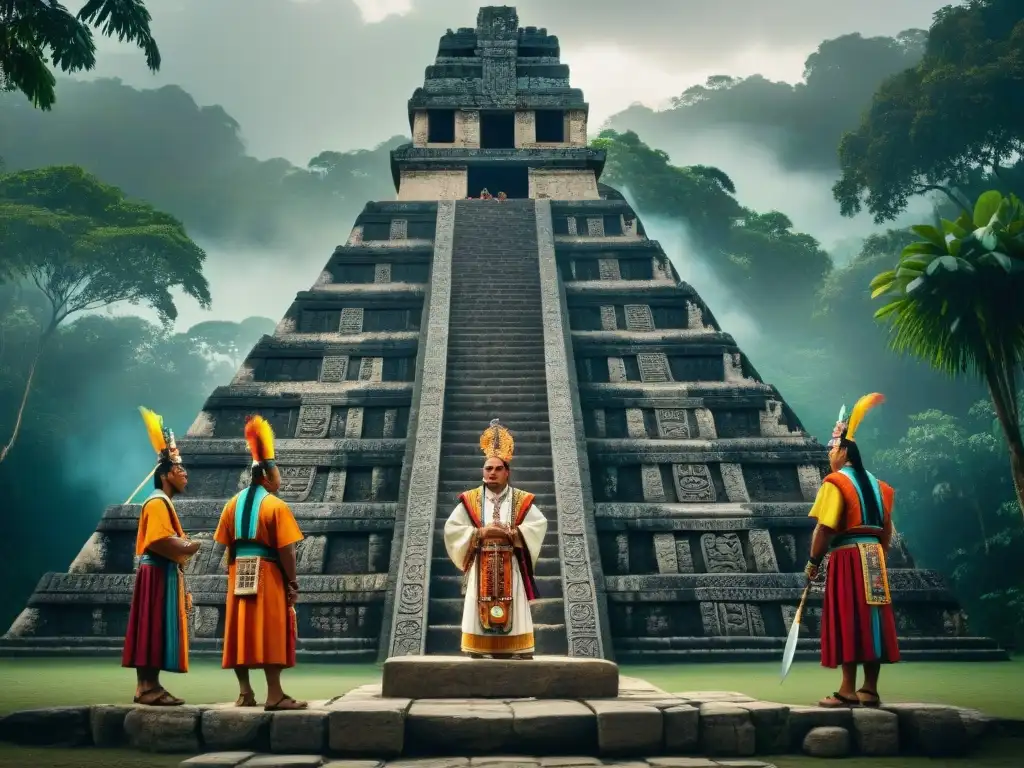 Impresionante escena de sacrificios mayas en la pirámide: sacerdotes, ritual, cautivo, selva exuberante