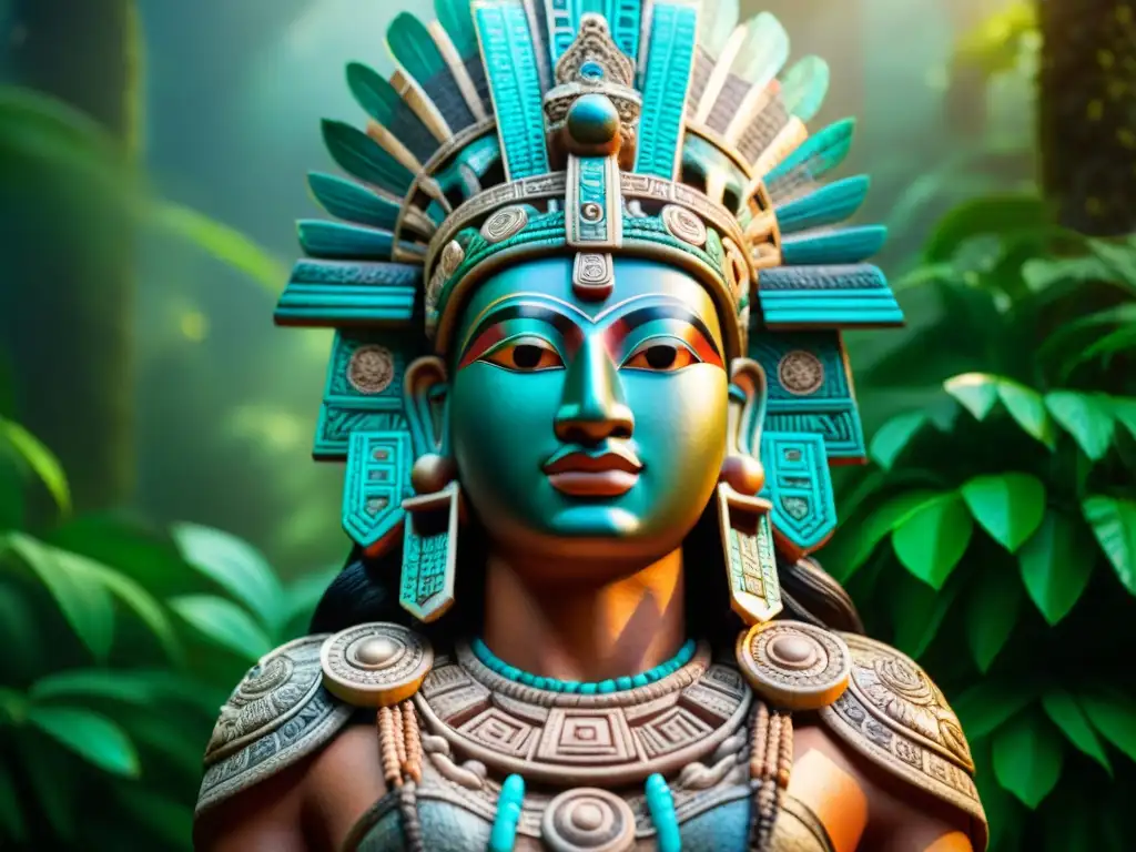 Impresionante escultura de un dios maya con detallada vestimenta ceremonial en la jungla