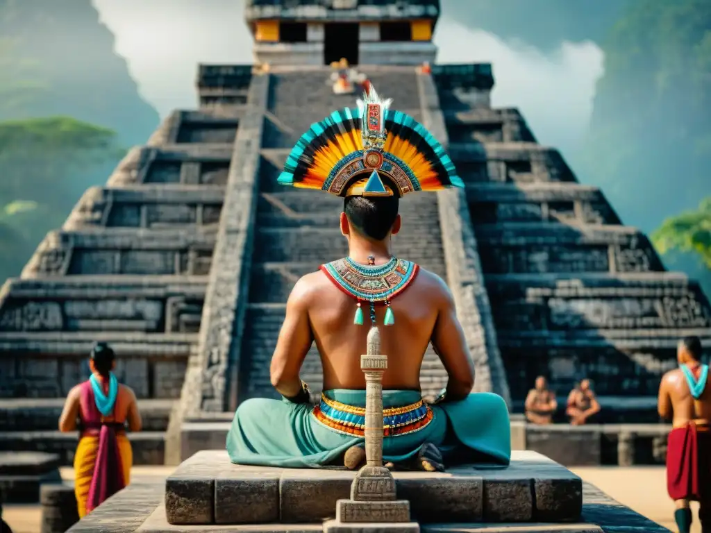 Impresionante escultura de un sacerdote maya realizando un ritual de sacrificio en la cima de una pirámide