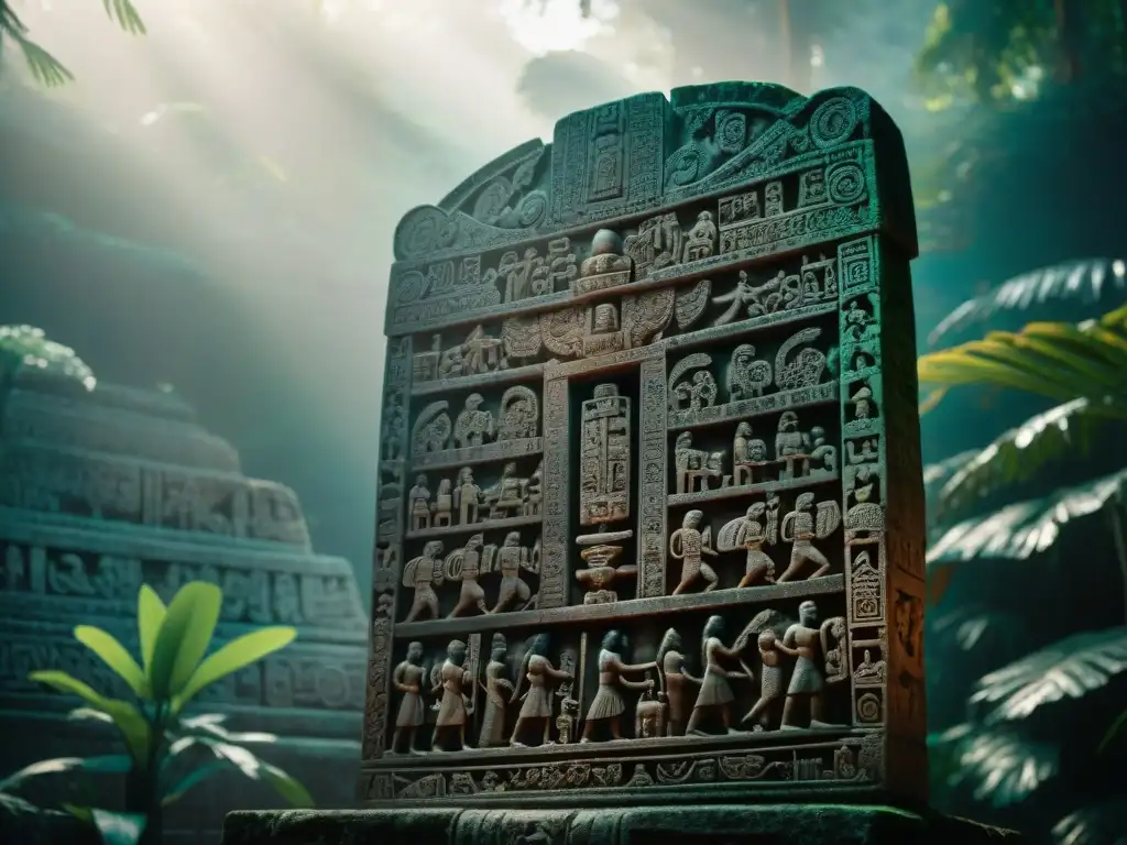 Impresionante estela maya con símbolos arte maya Xibalbá, tallados en piedra y bañados por la luz del sol en la selva