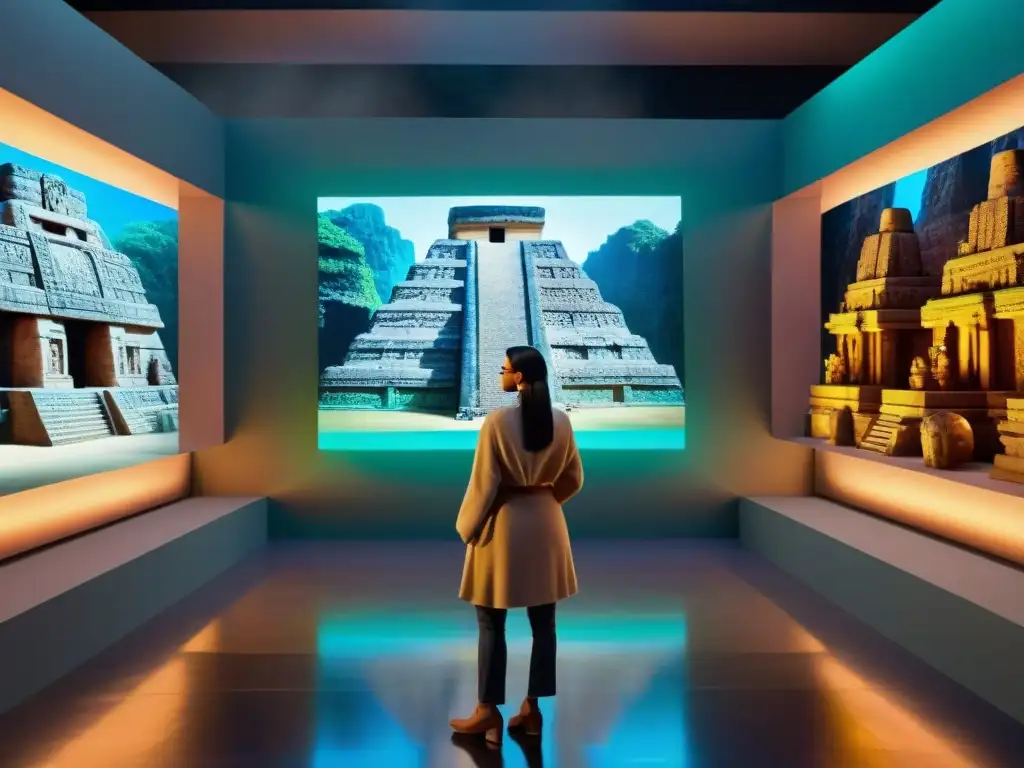 Impresionante holograma de ciudad maya en museo, turistas interactúan con tecnología