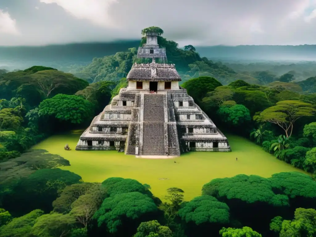 Impresionante imagen de la antigua ciudad maya de Palenque, con guerreros en discusión estratégica, reflejando diplomacia y guerra en Mayas