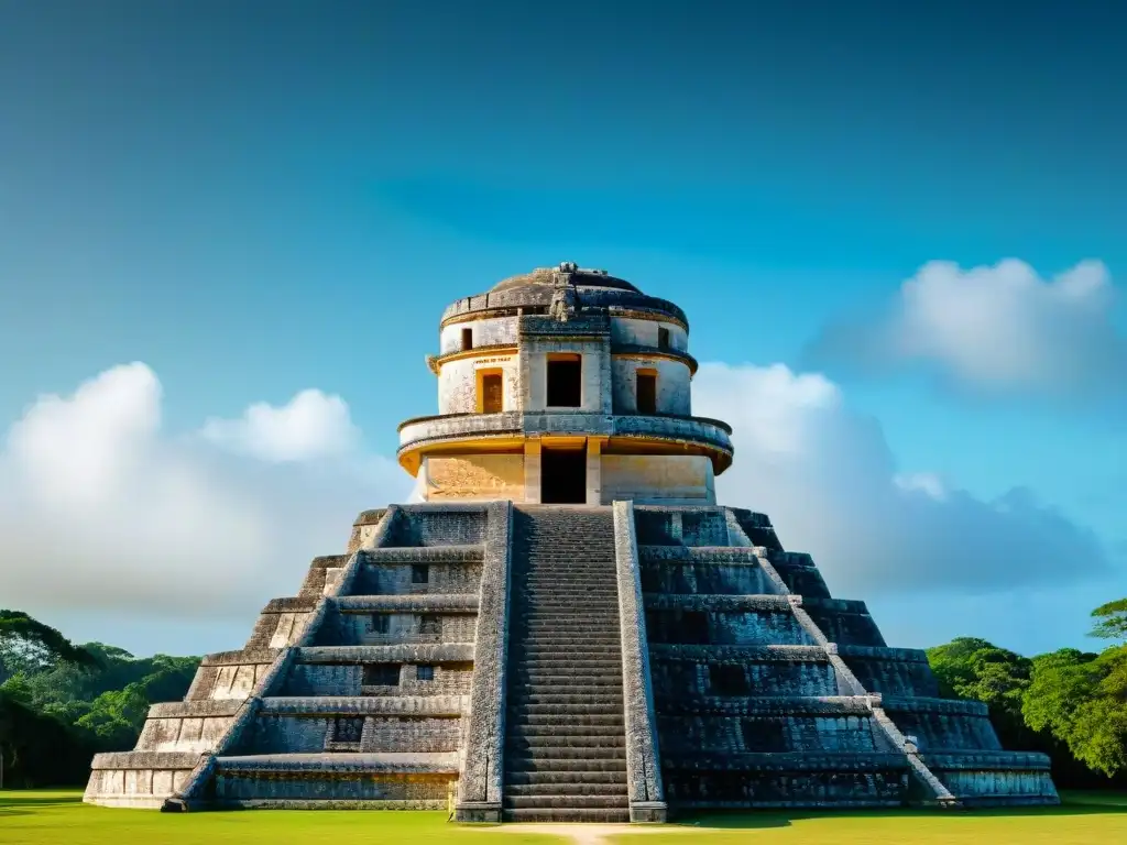 Una impresionante imagen detallada del observatorio El Caracol en Chichén Itzá, resaltando sus símbolos astronómicos mayas